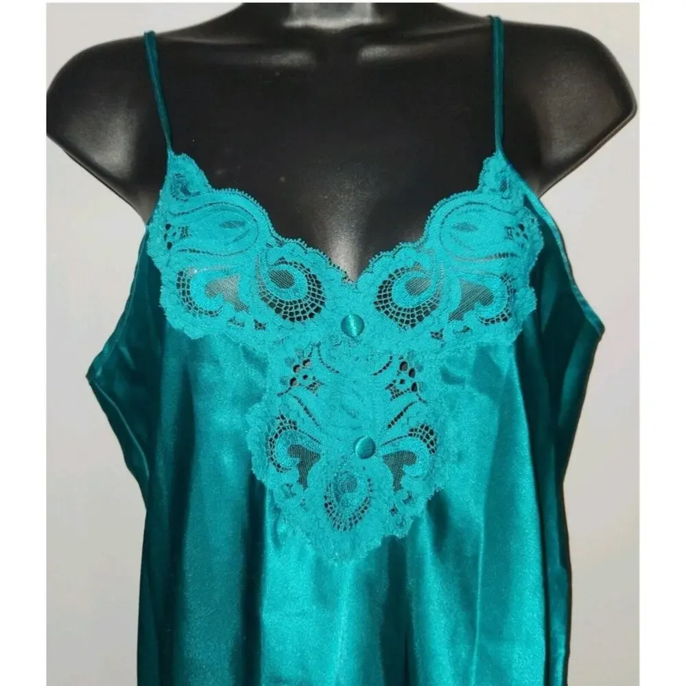 Vtg 80's Lace Trim Satin Baby Doll Nightgown Small Inner Most Emerald Green
